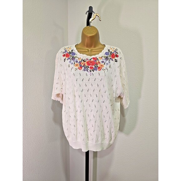 Vtg Cottage Cream Floral Embroidered Sweater Womens XL Granny Pointelle Pullover - Picture 1 of 6